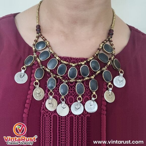Vintage Dangle Coins and Stones Necklace, Ethnic Necklace, Tribal Bib Necklace - Picture 6 of 10